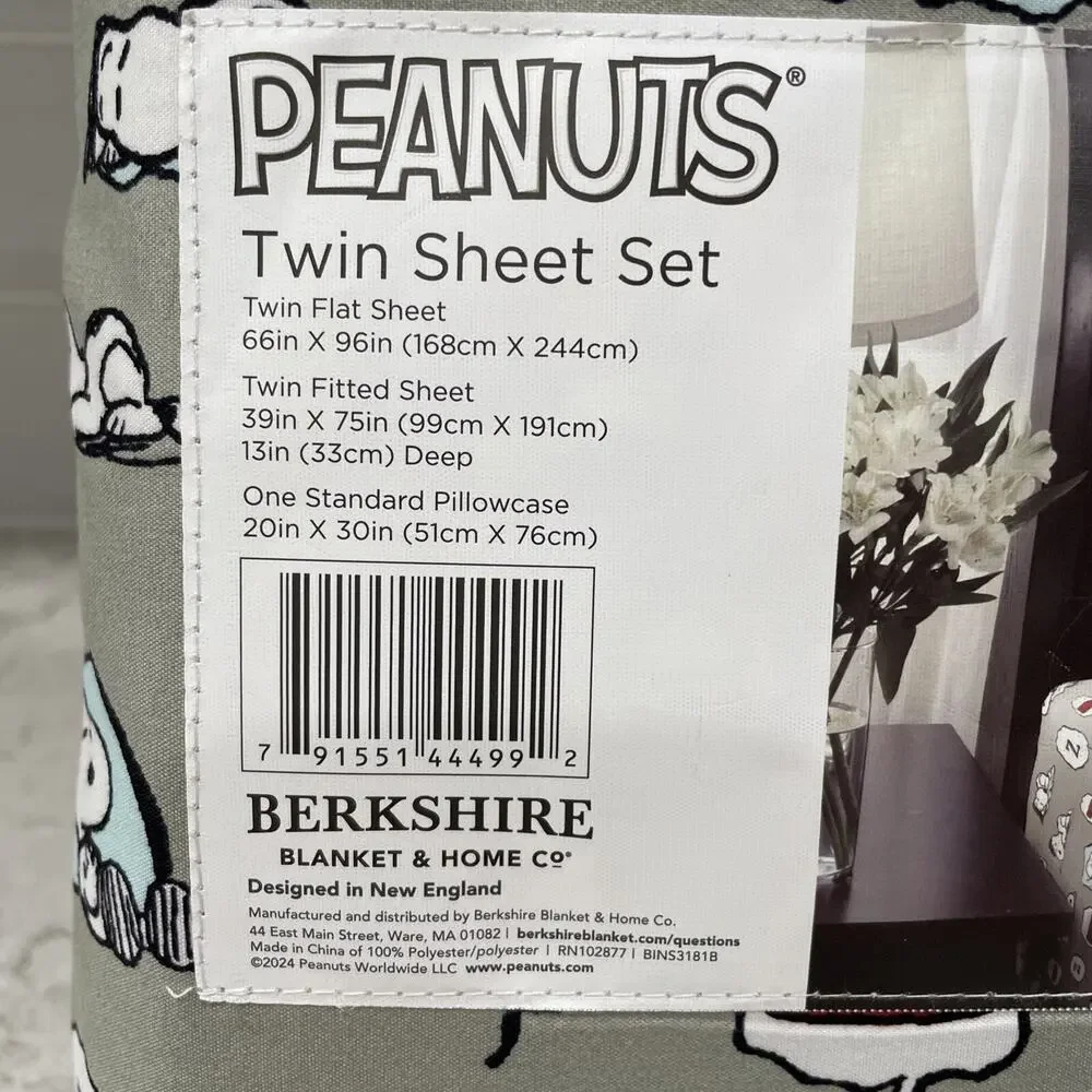 SLEEPY Snoopy TWIN Sheet Set Berkshire Sheets Snoopy Dreaming Gray / Green NEW